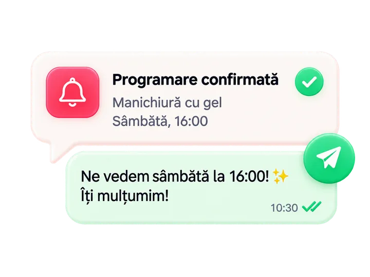 Confirmarea programării și mesajul automat trimis clientei