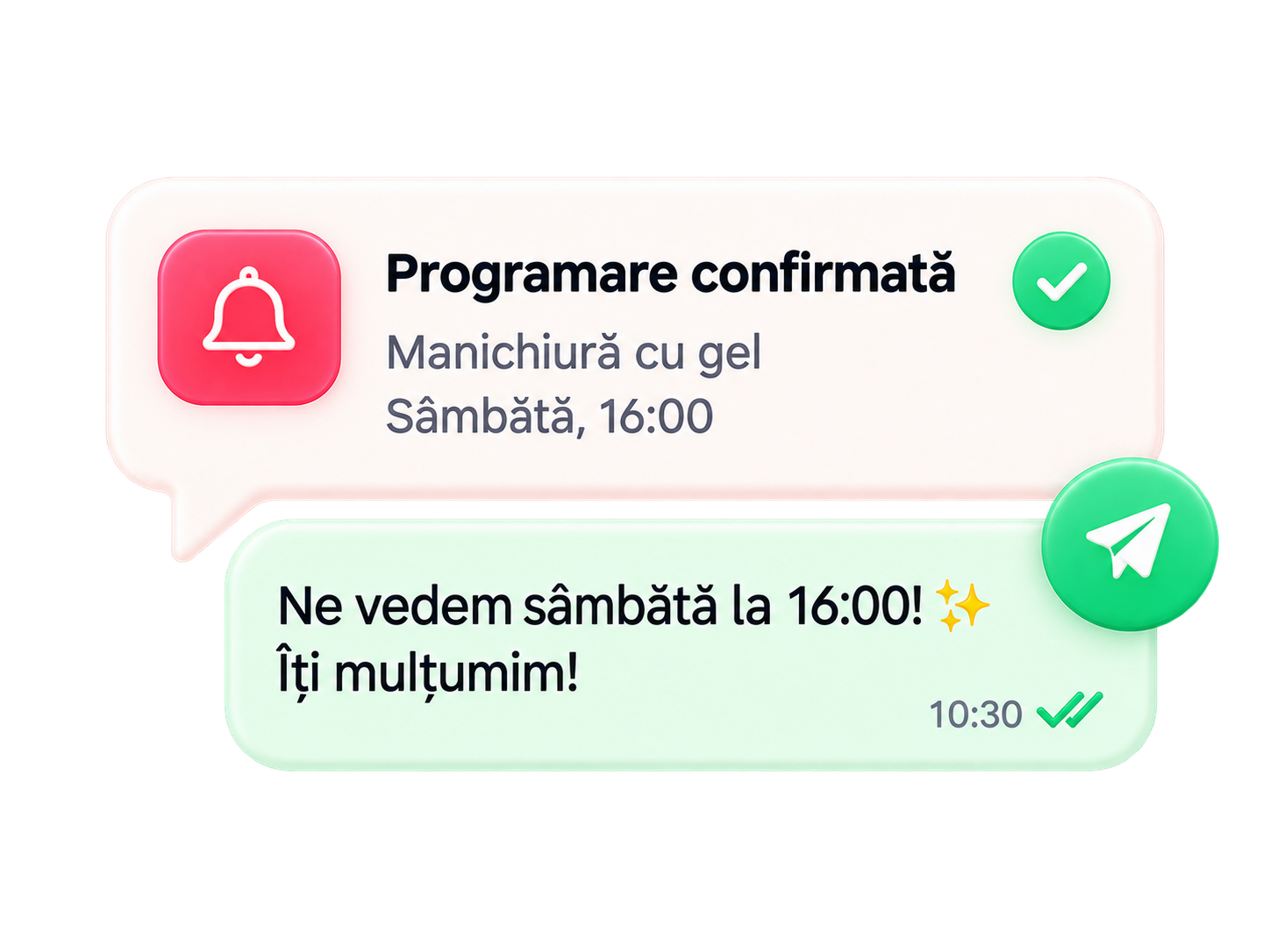 Confirmarea programării și mesajul automat trimis clientei